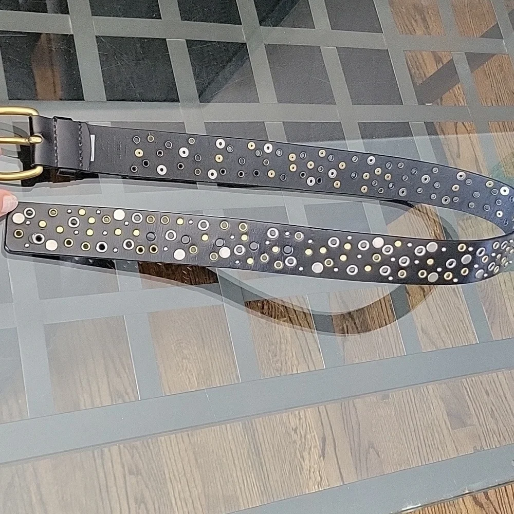 Y2K Genuine Bonded Black Leather Silver Brass Studded Embellished Belt New
